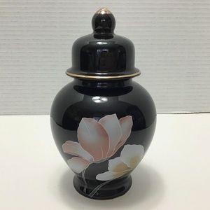 Vintage Action Black Ginger Jar Lotus Flower Oriental Made in Japan